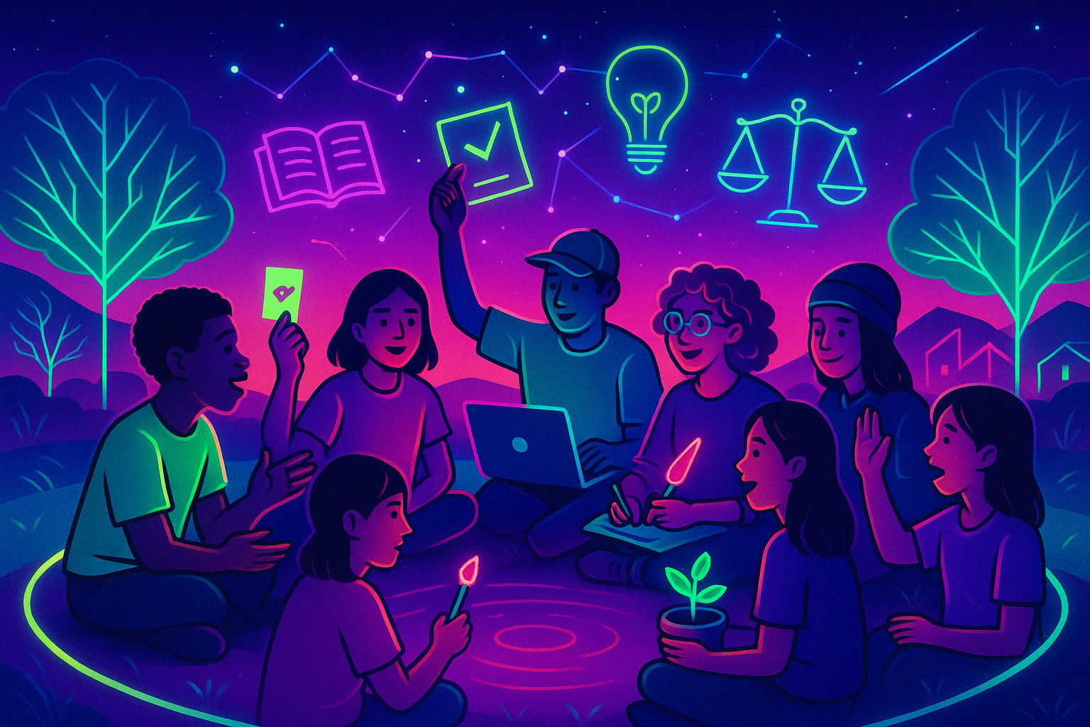 illustration of a diverse group of students, ranging in age and background, seated in a glowing circular assembly under a twilight sky filled with neon constellations and abstract symbols of learning (books, networks, lightbulbs, justice scales). The students are animatedly speaking, voting, and creating together—each holding a glowing object symbolizing their voice or agency.