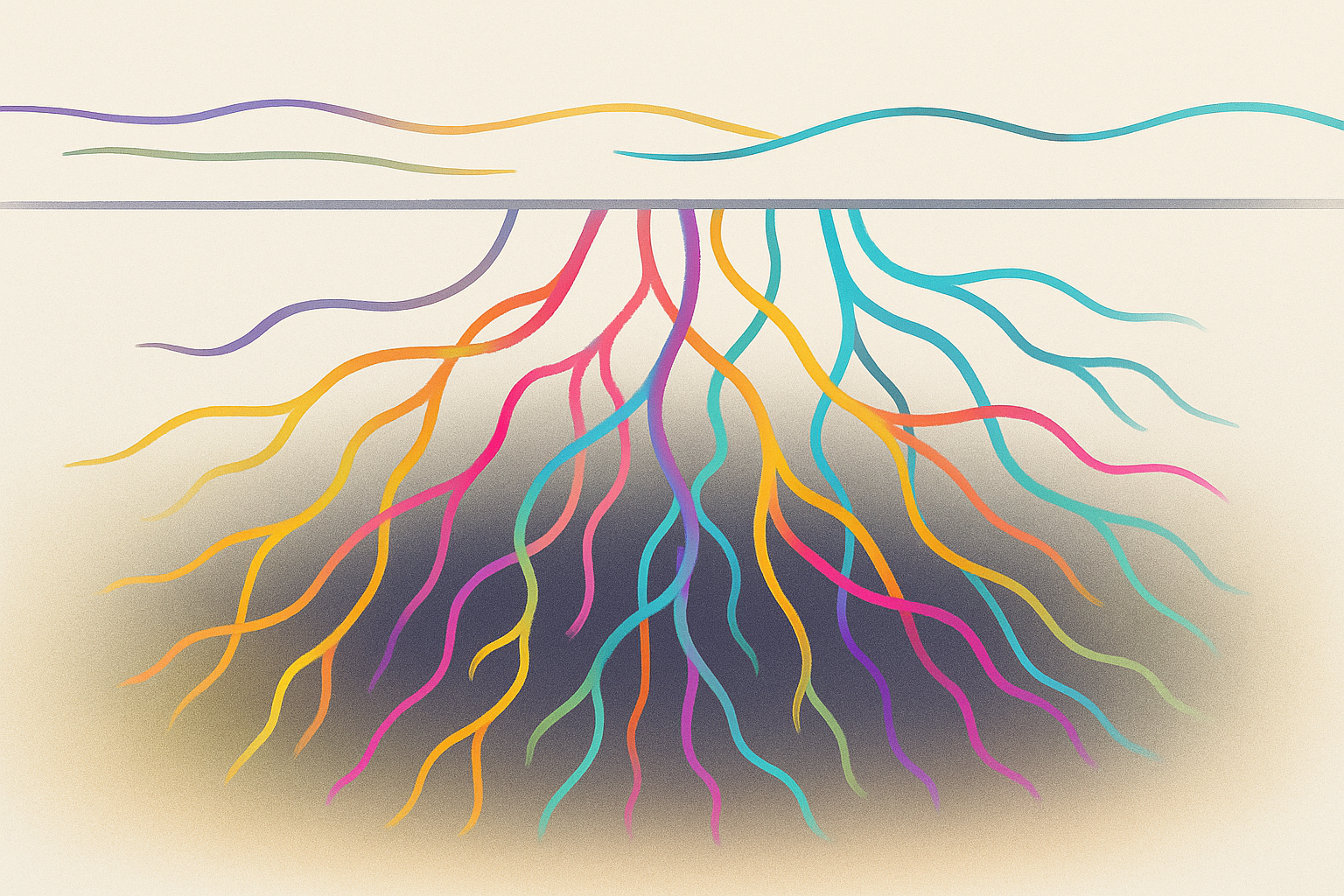 An abstract depiction of the roots of learning, invisible below the surface, in a vast and varied landscape
