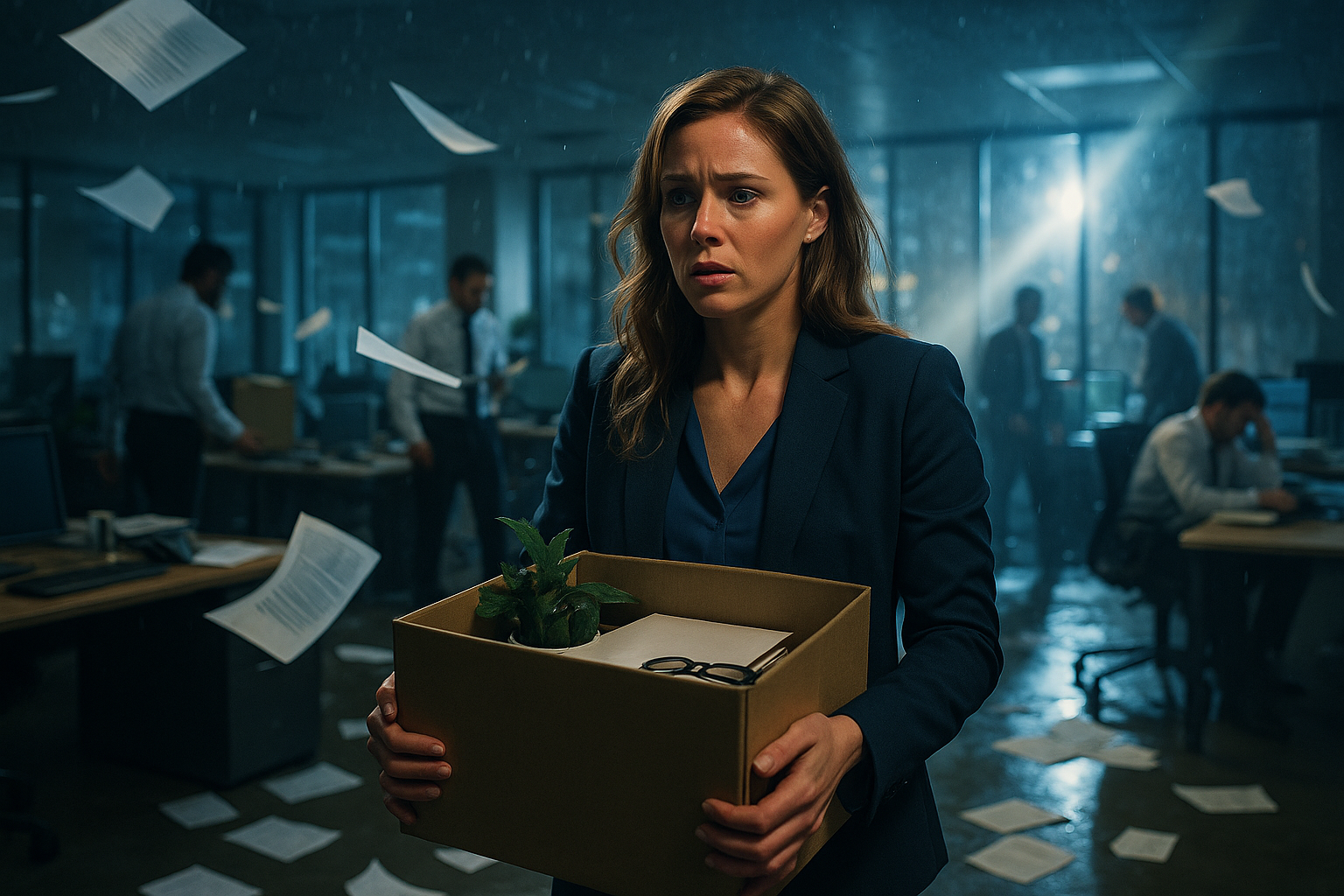 In sharp focus, a woman in a business suit clutches a cardboard box of personal belongings, her face lit by a dramatic shaft of sunlight cutting through rain-streaked windows; the background is tastefully blurred, with swirling papers, serious workers in motion, and intense blue-gray tones