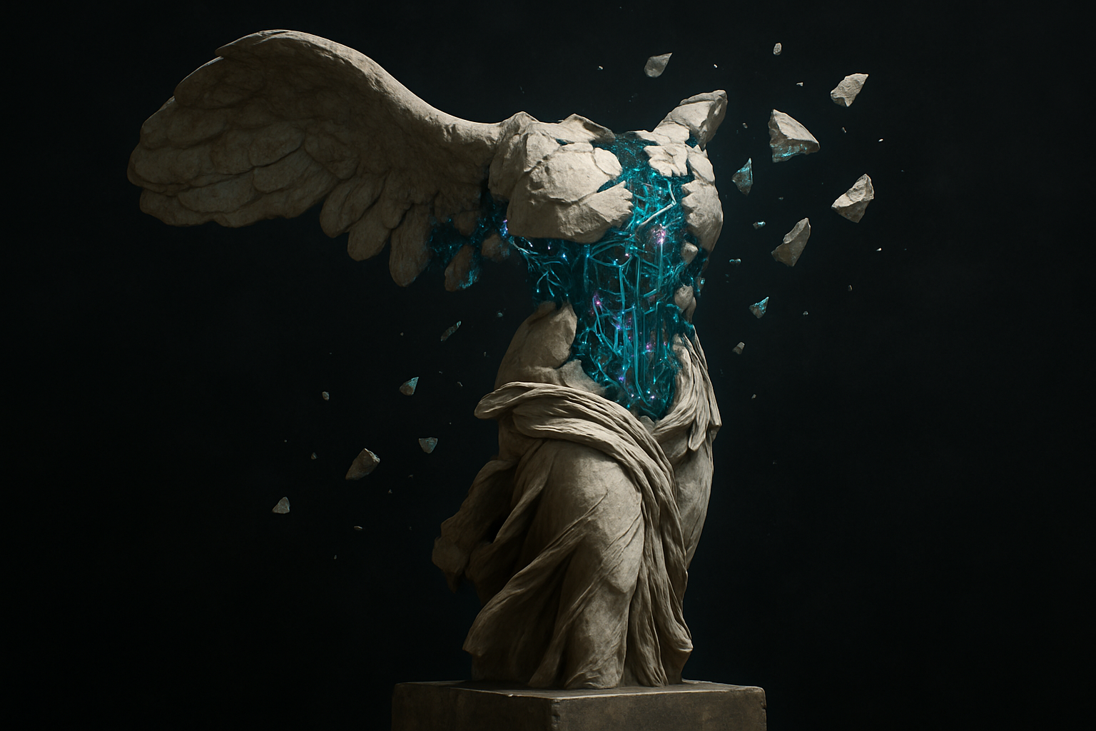 Liberation of the Nike of Samothrace: A stark yet sophisticated contrast between classical tradition and emerging futures, capturing the transformative power of relentless questioning.