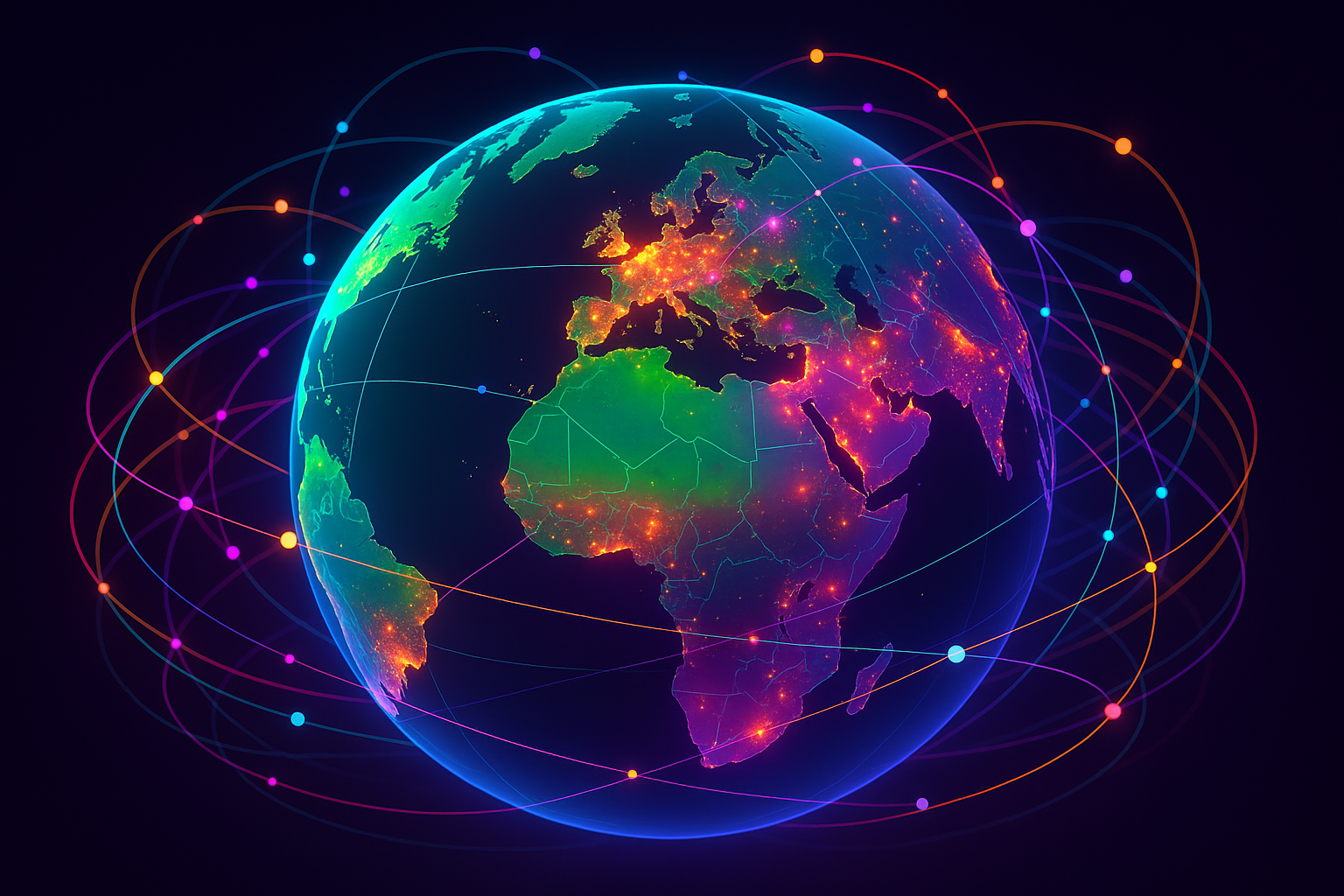 A vibrant globe, surrounded by interconnected, colorful data lines and glowing nodes representing education, innovation, and technology