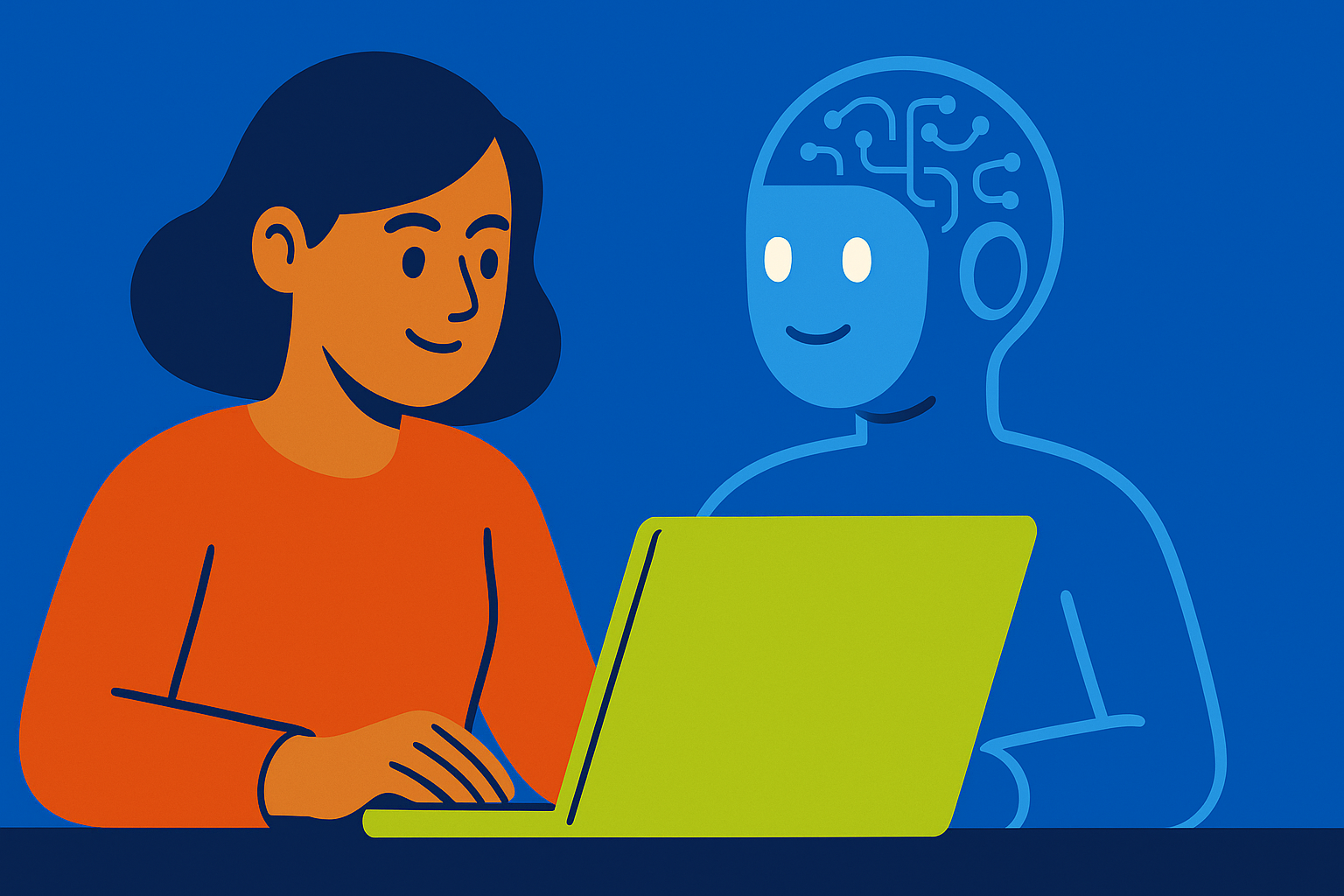 Diagram of a human working on a laptop with an anthropomorphic AI at her side