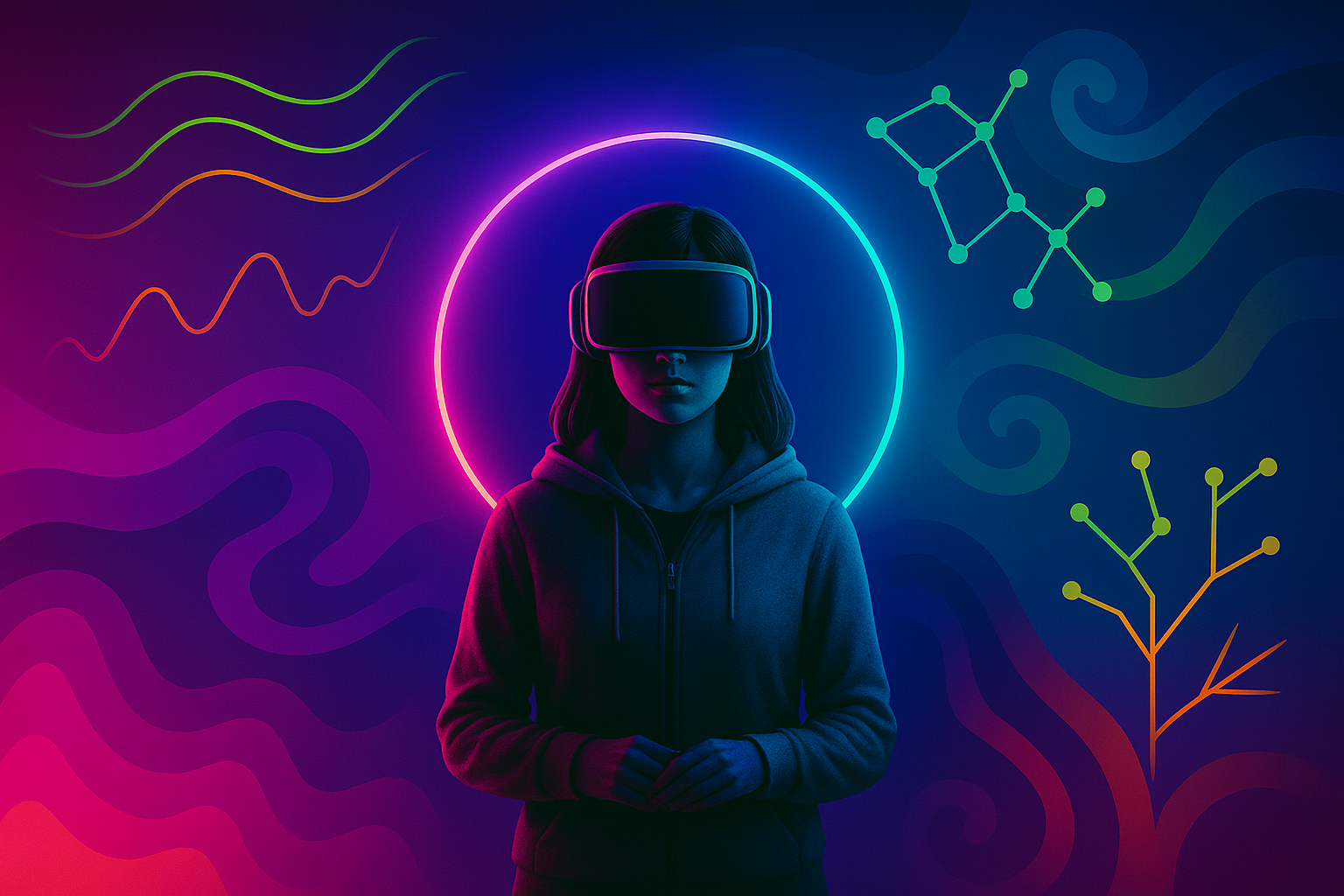 A learner, using VR goggles, immersed in an abstract learning landscape